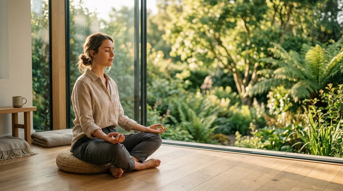 Serene person meditating cross-legged by sunlit window in peaceful morning light