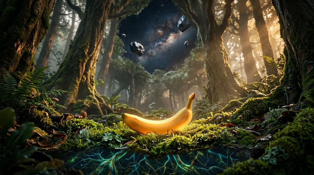 Glowing banana on mossy forest floor with bioluminescent tree roots and starry canopy, mysterious and wonder-filled