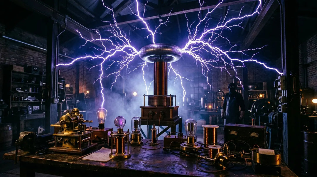 Tesla coil discharging electric arcs in moody vintage laboratory with scientific instruments