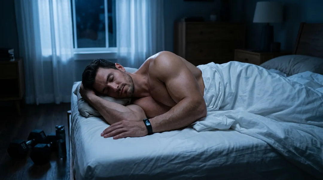 Muscular man sleeping peacefully in moonlit bedroom with dumbbells nearby, recovery mood