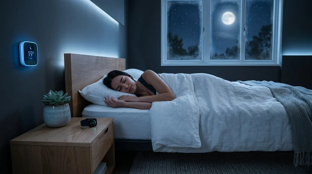 Person sleeping peacefully in cool blue-toned modern bedroom with smart thermostat glowing nearby