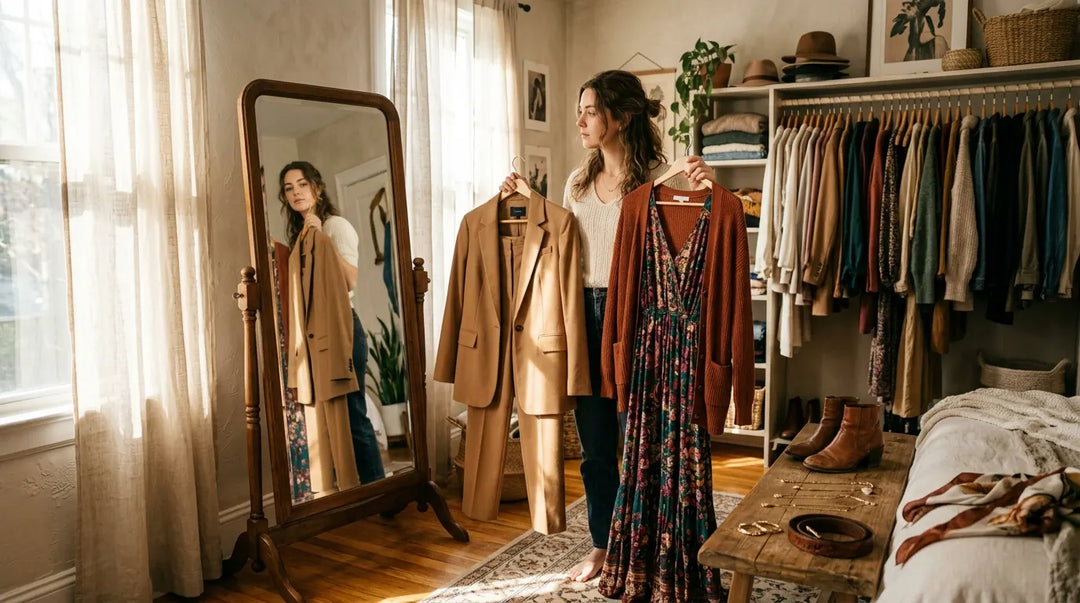 Stylish woman comparing two contrasting outfits before a sunlit bedroom mirror, contemplative mood