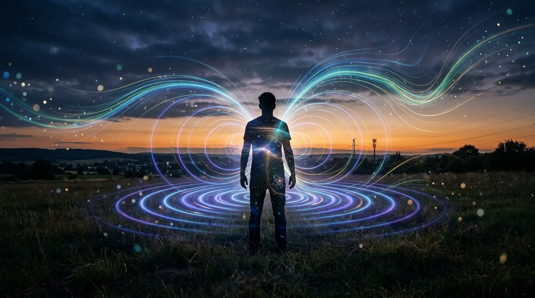 Translucent human silhouette in twilight field surrounded by glowing electromagnetic waves and cosmic particles, awe-inspirin