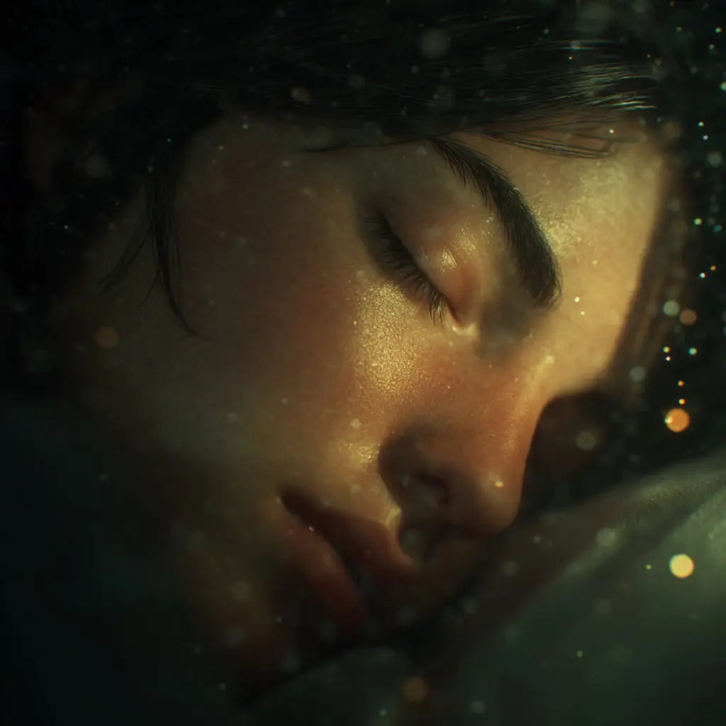 Person's face in profile with closed eyes and glowing skin, surrounded by bokeh lights