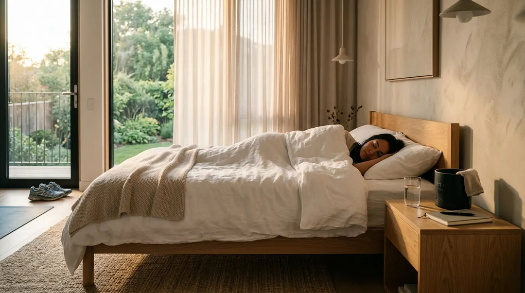Person sleeping peacefully in minimalist bedroom bathed in warm dawn light, serene and restorative mood
