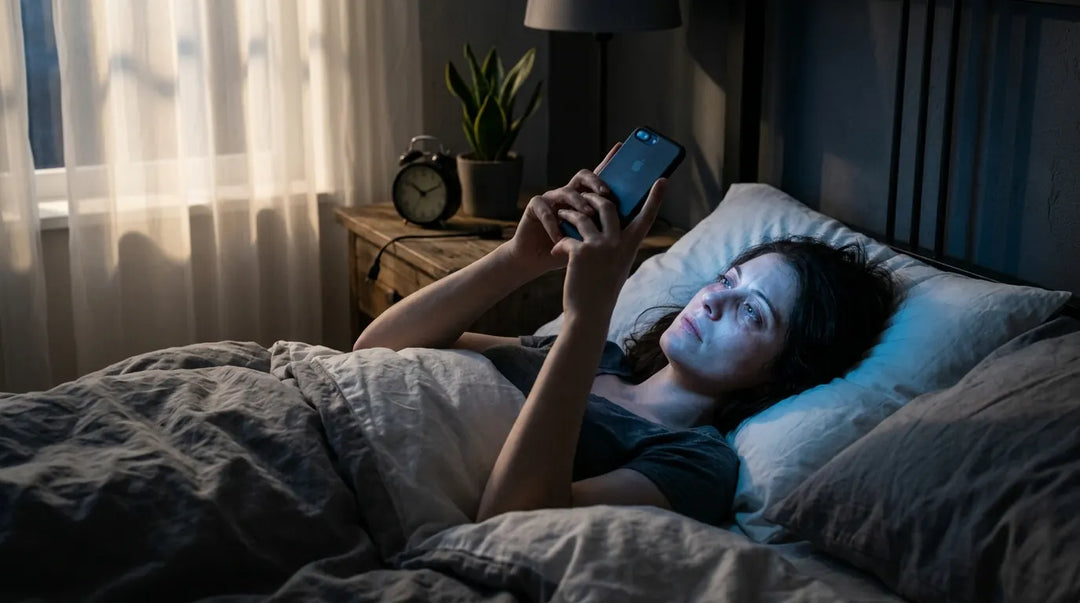Tired person scrolling smartphone in dark bedroom, blue screen glow illuminating their face at night
