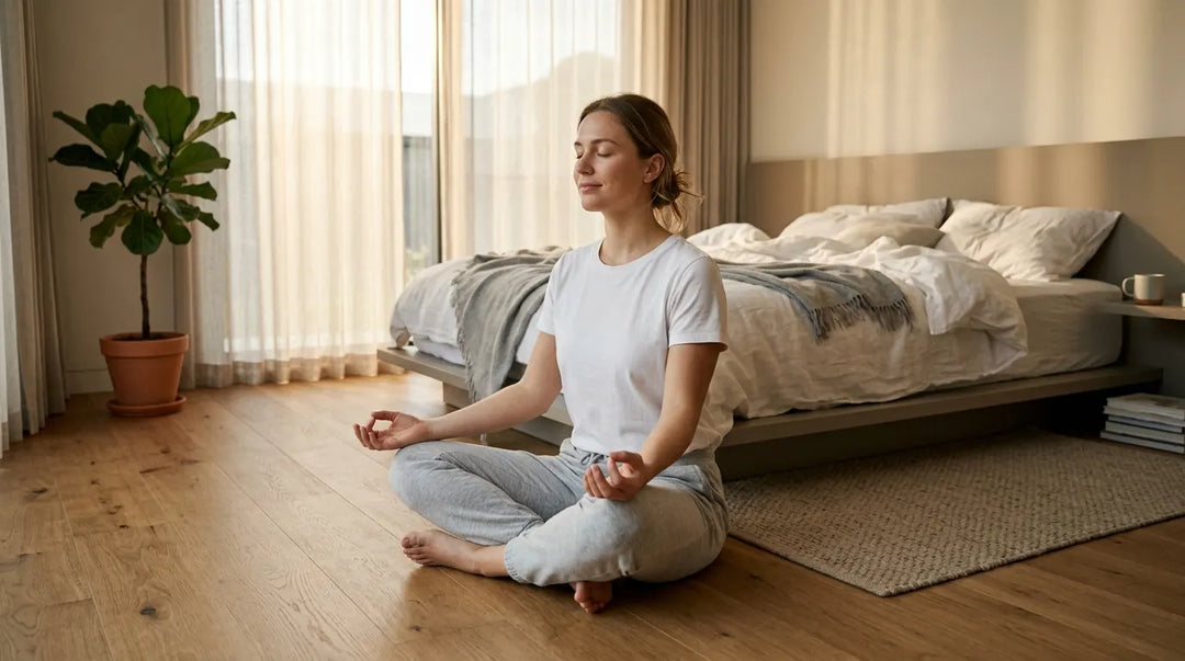 Person meditating peacefully on bedroom floor beside unmade bed in warm morning light