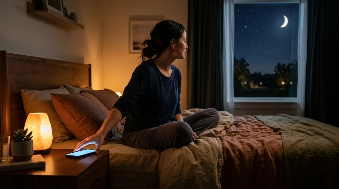 Person setting phone aside on nightstand in warm dimly lit bedroom at night