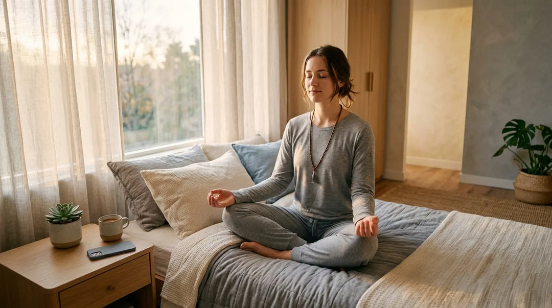 Person meditating peacefully on bed at dawn with phone face-down on nightstand