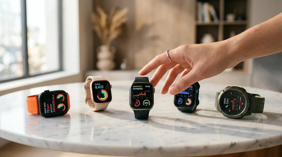 Multiple smartwatches arranged on marble surface with glowing health displays, decision-making moment
