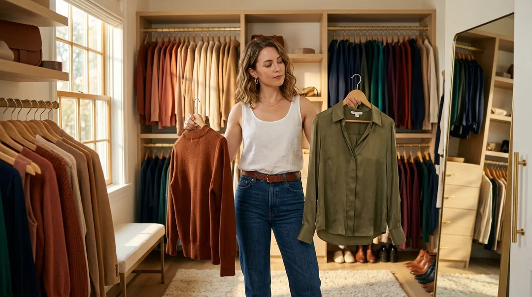 Woman in clothing boutique holding rust and olive button-up shirts among organized racks