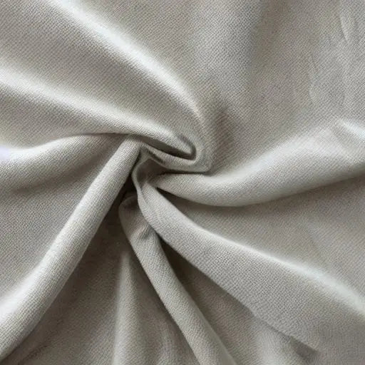 Beige viscose fabric with gathered folds showing smooth lustrous texture and drape