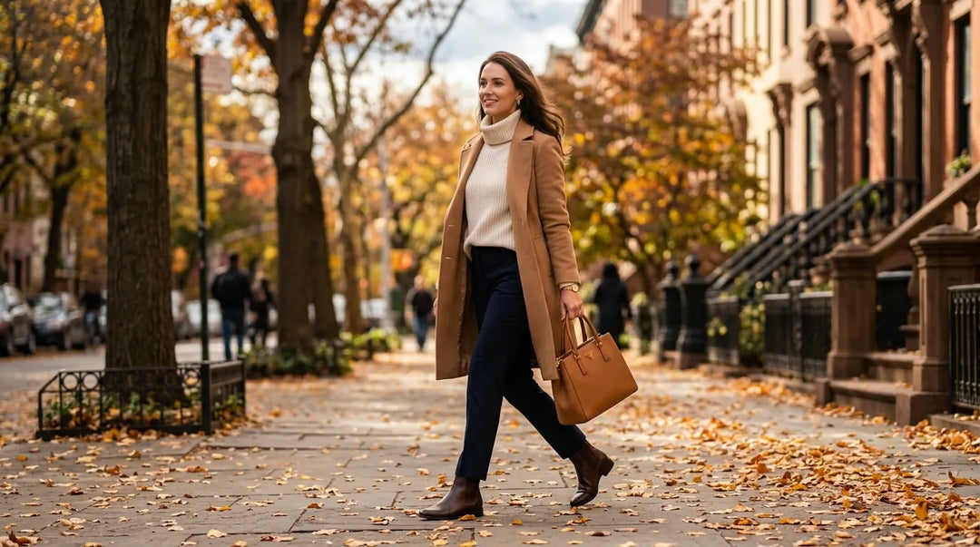 Stylish woman in layered camel coat and knitwear walking through autumn city street