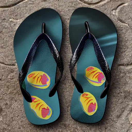 Teal flip-flops with black straps and colorful avocado graphic prints on footbed