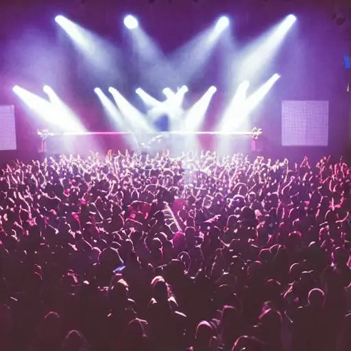 Large concert crowd with hands raised under dramatic purple stage lighting