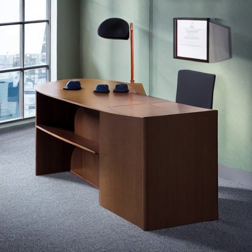 Modern office desk with wooden surface, black pendant lamp, and dark chair