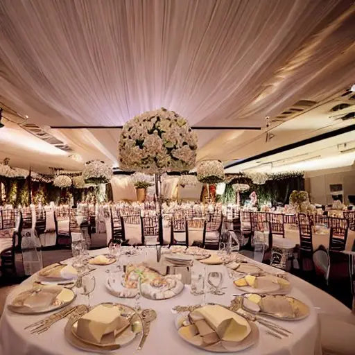 Elegant wedding reception ballroom with round tables, floral centerpieces, formal place settings