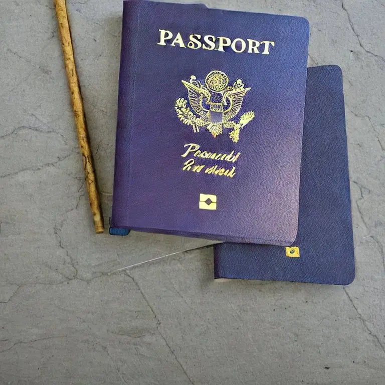Two navy blue US passports with gold eagle seal and text displayed on concrete surface