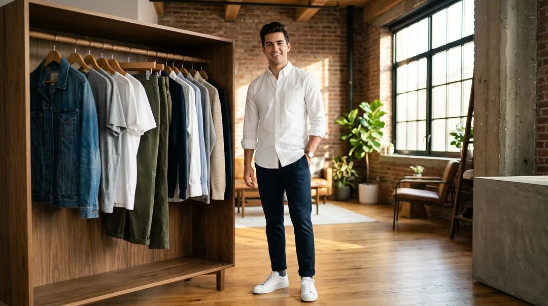 Stylish man in white button-down near curated wardrobe in sunlit loft apartment
