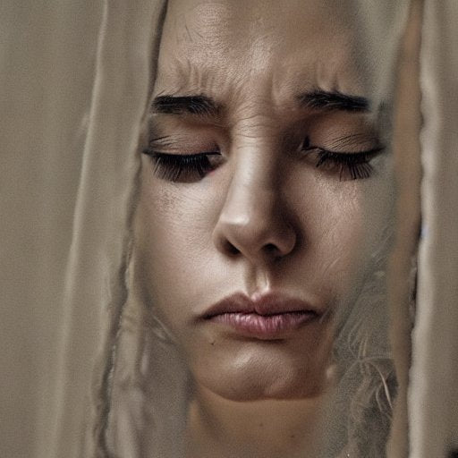 Woman with closed eyes and somber expression partially covered by sheer fabric
