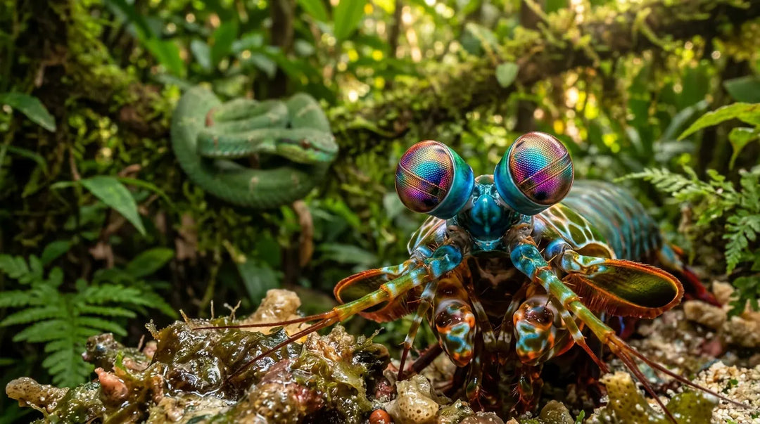 Vibrant mantis shrimp with iridescent compound eyes in lush tropical setting, cinematic lighting