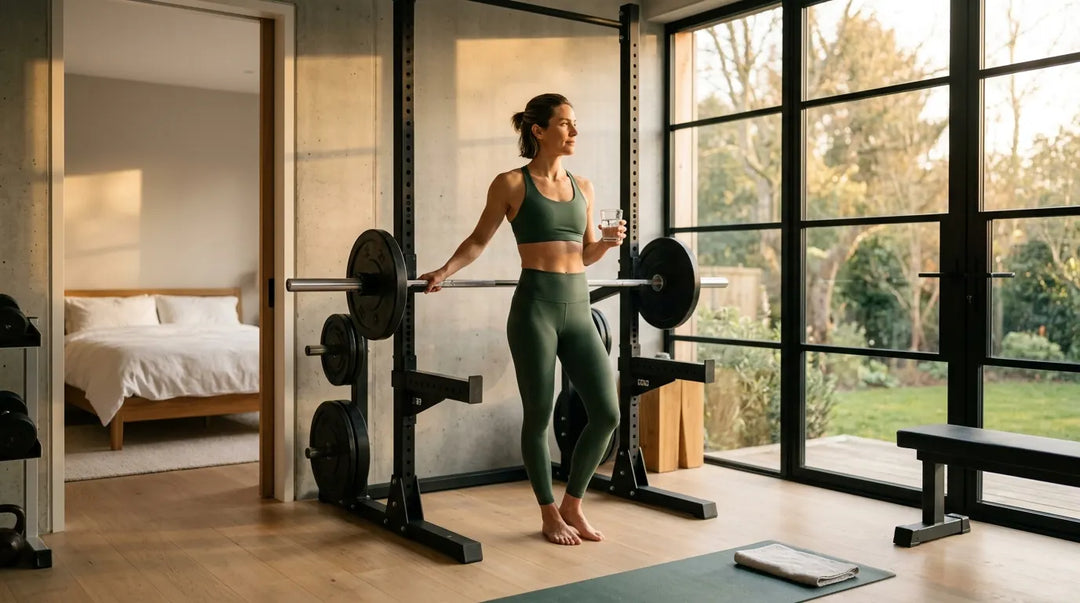 Person beside barbell rack in sunlit home gym, calm and intentional wellness mood