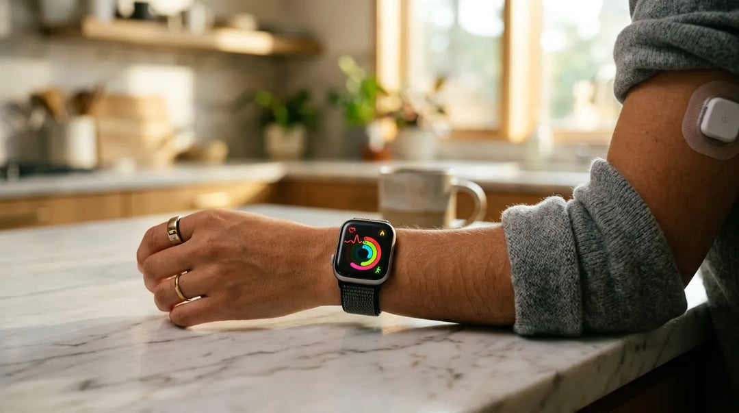 Sleek smartwatch and health wearables on person in sunlit modern kitchen, aspirational mood