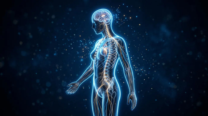 Glowing translucent human figure revealing illuminated nerves and skeleton against dark background