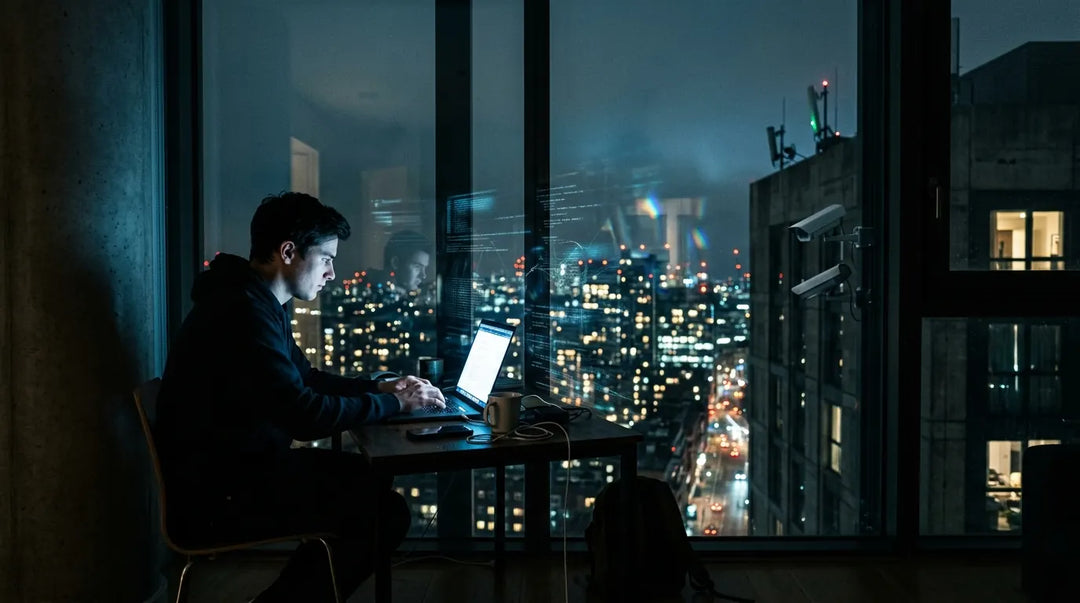 Person illuminated by laptop glow in dark room facing cityscape, contemplative and vulnerable mood
