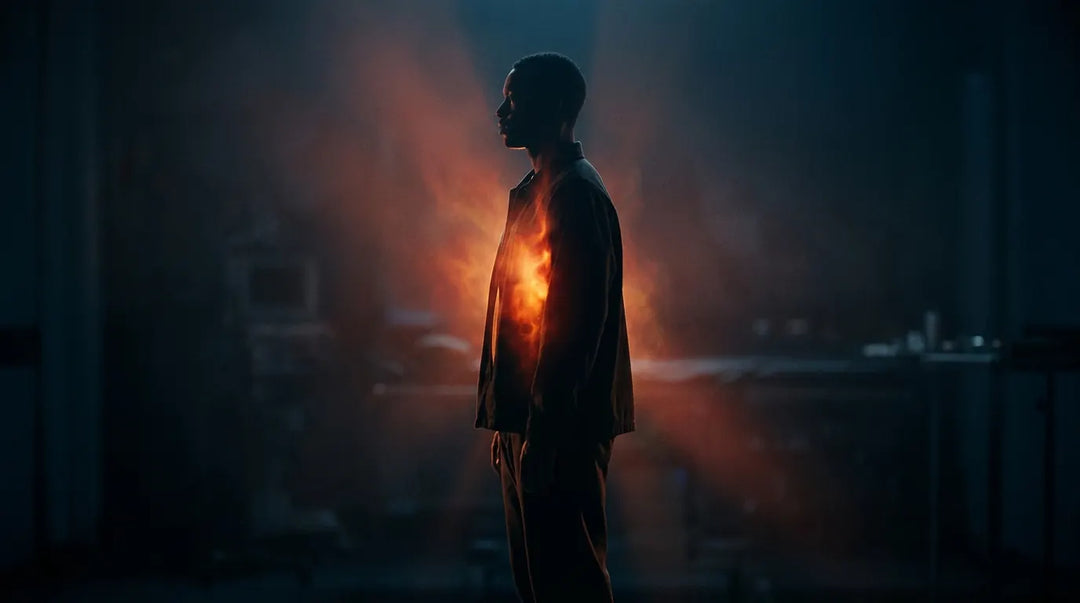 Silhouetted human figure with glowing red-orange light radiating from within, dark moody backdrop