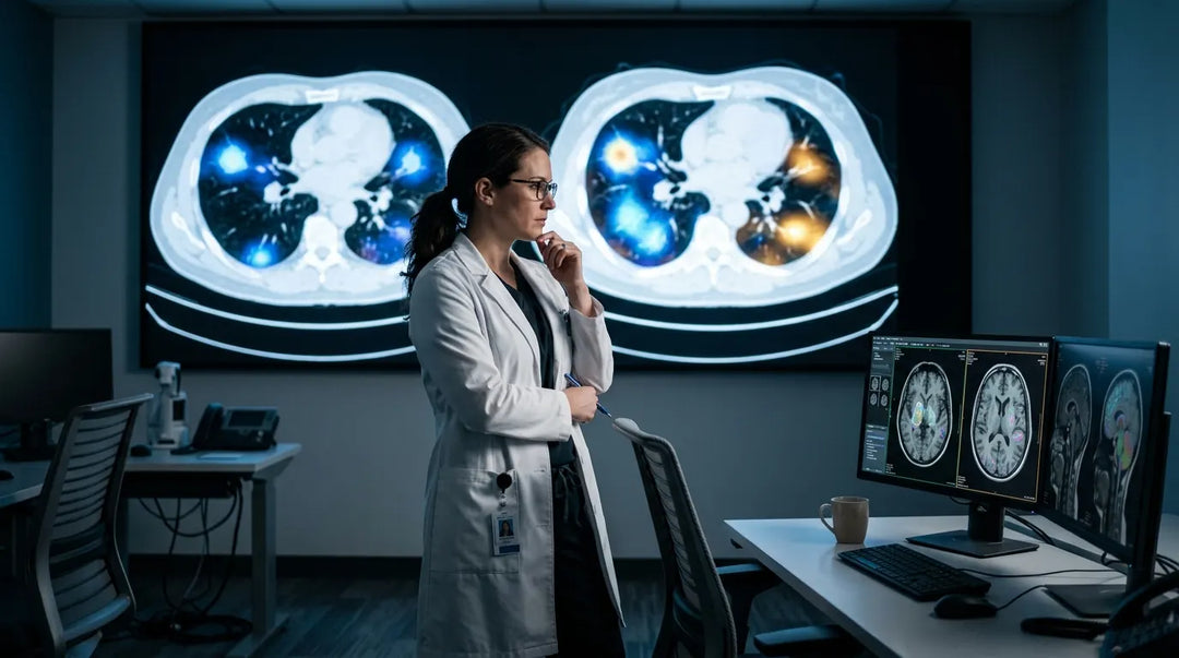 Physician examining AI-highlighted CT scans in dimly lit radiology room, contemplative mood