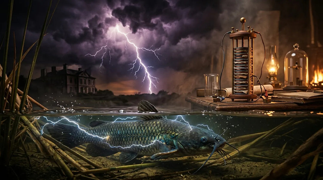 Electric catfish with blue arcs, lightning storm, and voltaic pile depicting electricity history