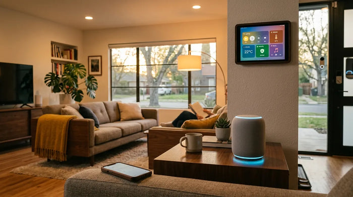 Modern living room with smart speaker, ambient lighting, and connected home devices at golden hour