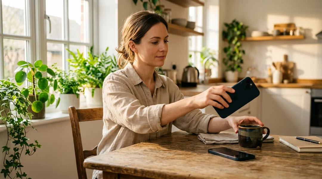 Person deliberately pushing smartphone away on sunlit table, reaching for coffee, calm and intentional mood
