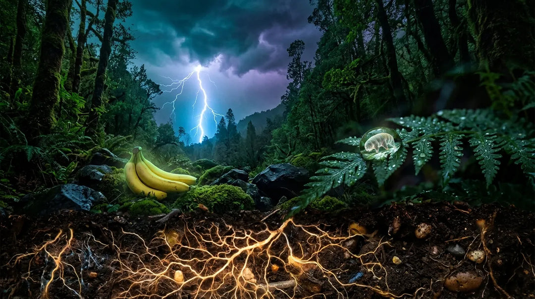 Lightning illuminating forest with glowing underground root network and bananas, mysterious twilight mood