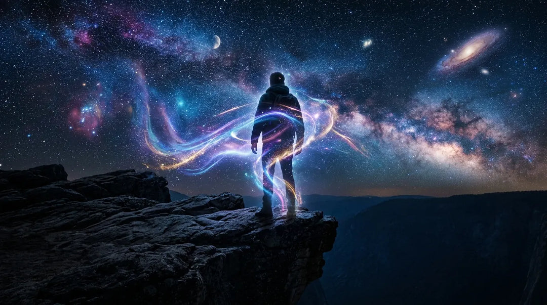 Translucent human silhouette on cliff with cosmic particles and energy streams flowing through body at night
