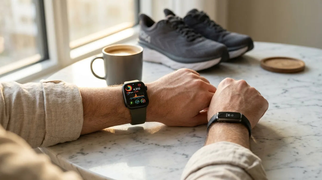 Two wrists side by side wearing a smartwatch and fitness tracker on marble surface, warm light