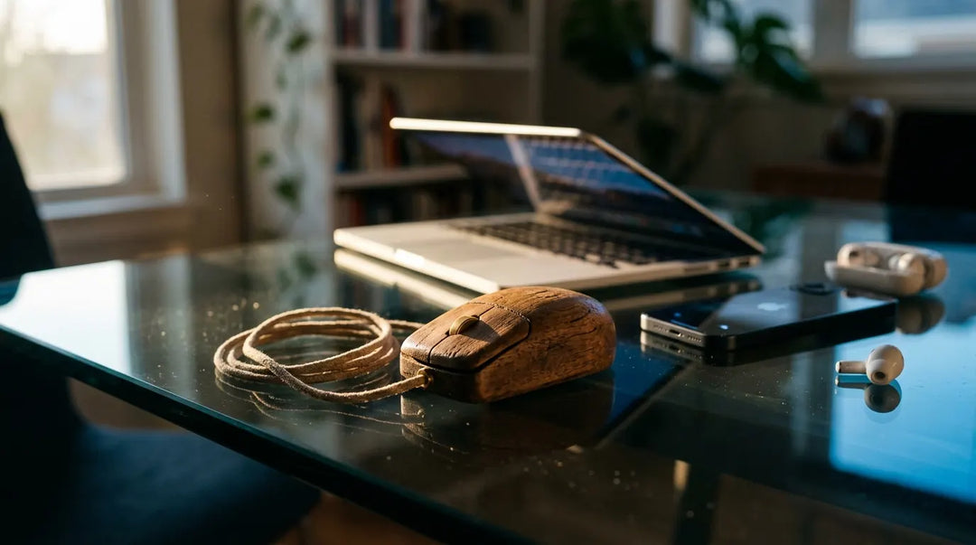 Vintage wooden computer mouse beside modern smartphone and laptop, dramatic lighting showing tech evolution