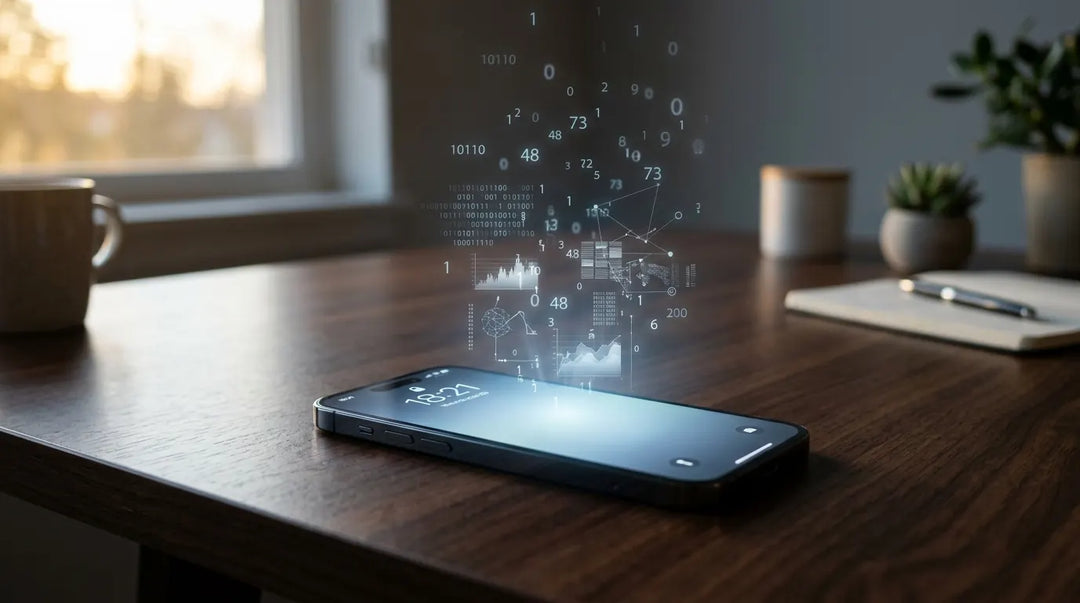 Glowing smartphone on dark desk casting blue light with floating numerical data visualizations