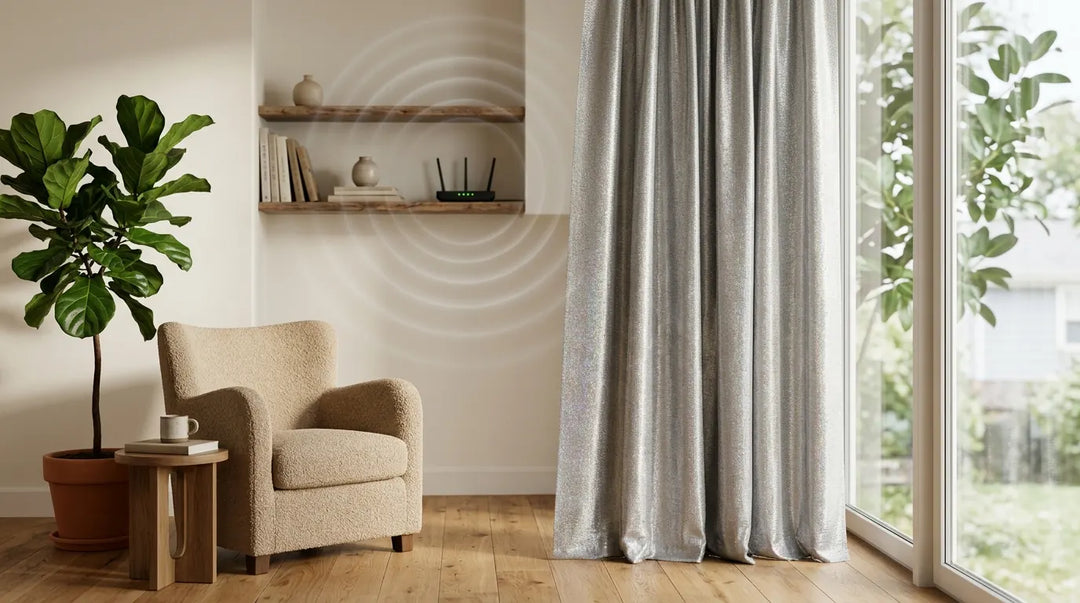 Silver-threaded protective fabric curtain in modern living room blocking WiFi router signals, serene mood