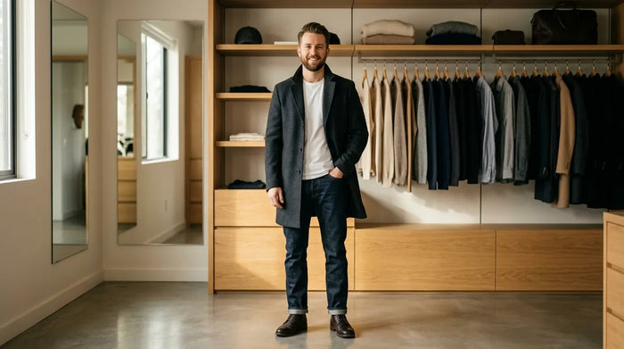 Well-dressed man in winter coat and dark jeans before curated minimalist wardrobe, confident editorial mood