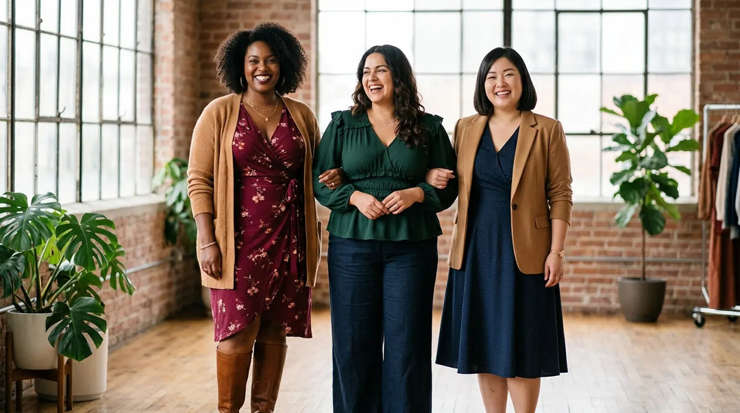 Three confident diverse plus-size women in flattering outfits in a bright loft studio