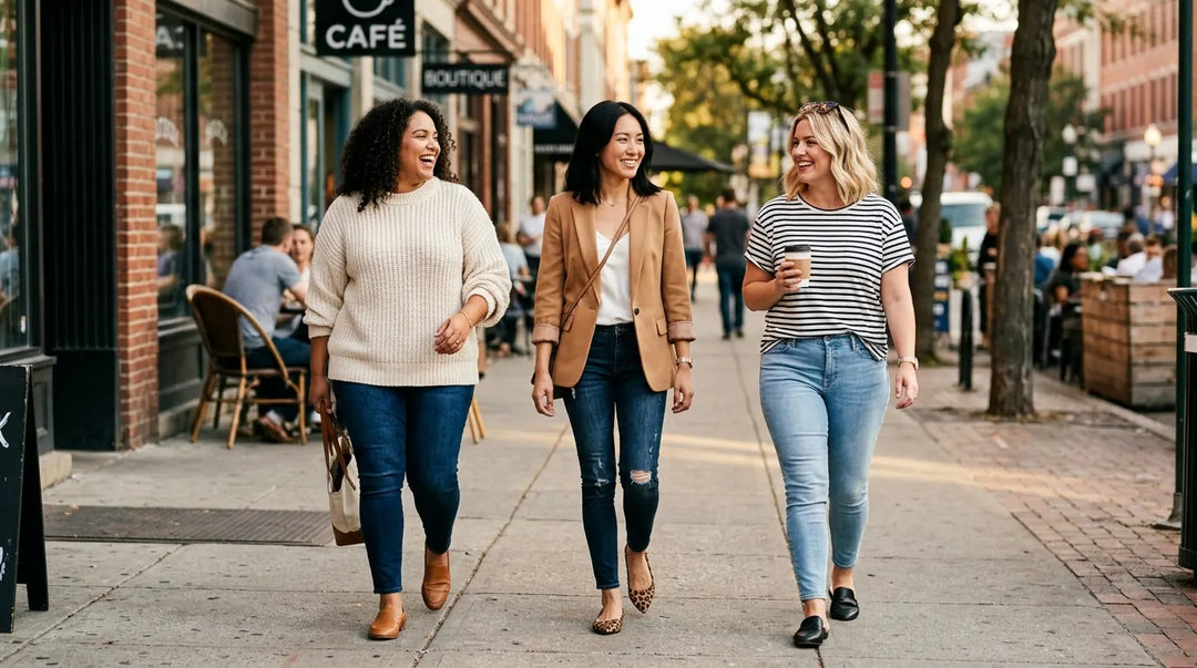 Three diverse women in skinny jeans and casual tops walking confidently on sunny city sidewalk
