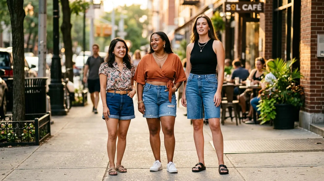 Three diverse women in styled jean shorts standing confidently on sunny urban sidewalk