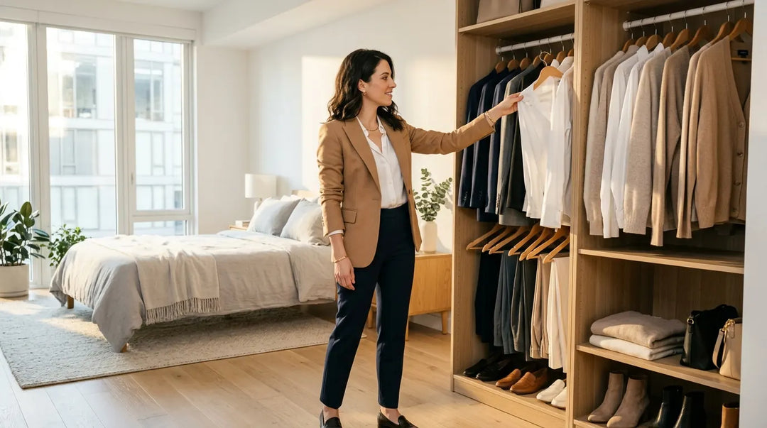 Woman in camel blazer and white shirt selecting clothing from organized wooden wardrobe in bedroom