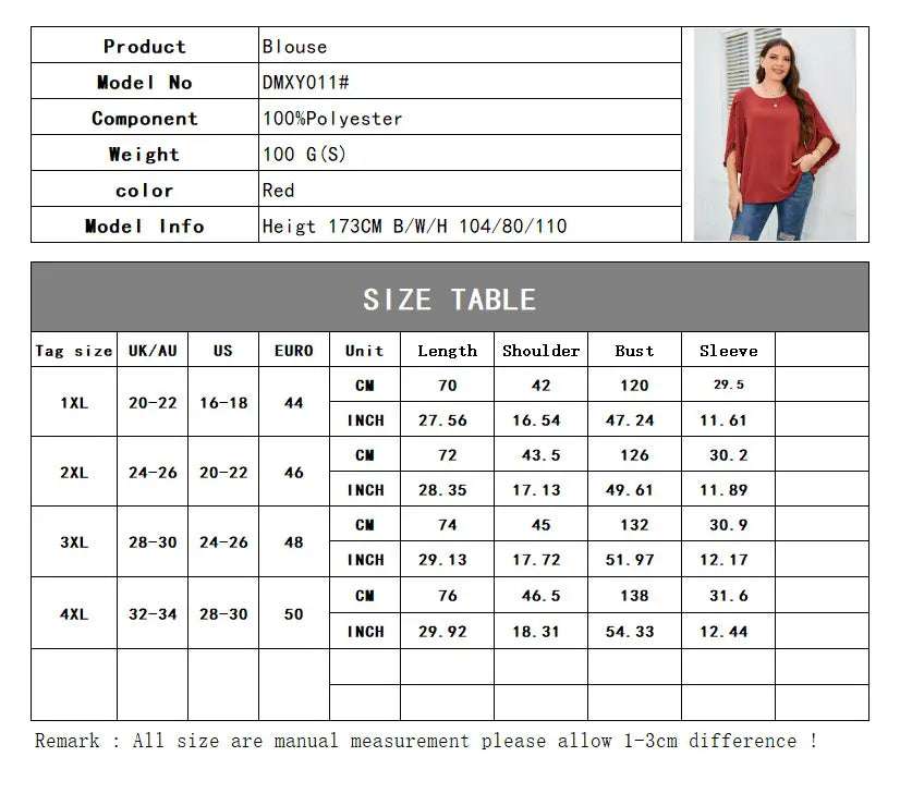 Plus Size | AuraShield | Women’s | Red Half-Sleeved Loose