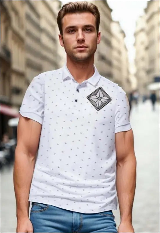 Anchor Pattern Printed Short - Sleeved Lapel Polo Shirt e46
