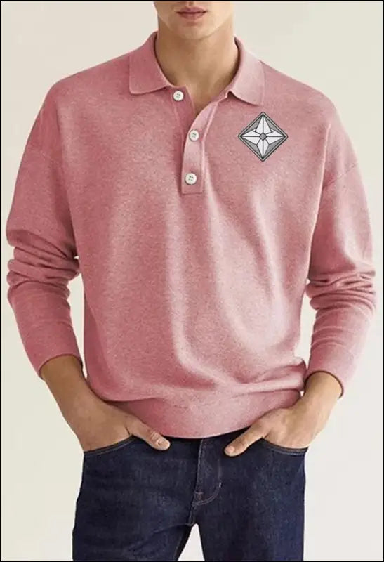 Casual Lapel Button Long Sleeve Solid Color Polo Shirt e27