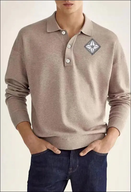 Casual Lapel Button Long Sleeve Solid Color Polo Shirt e27