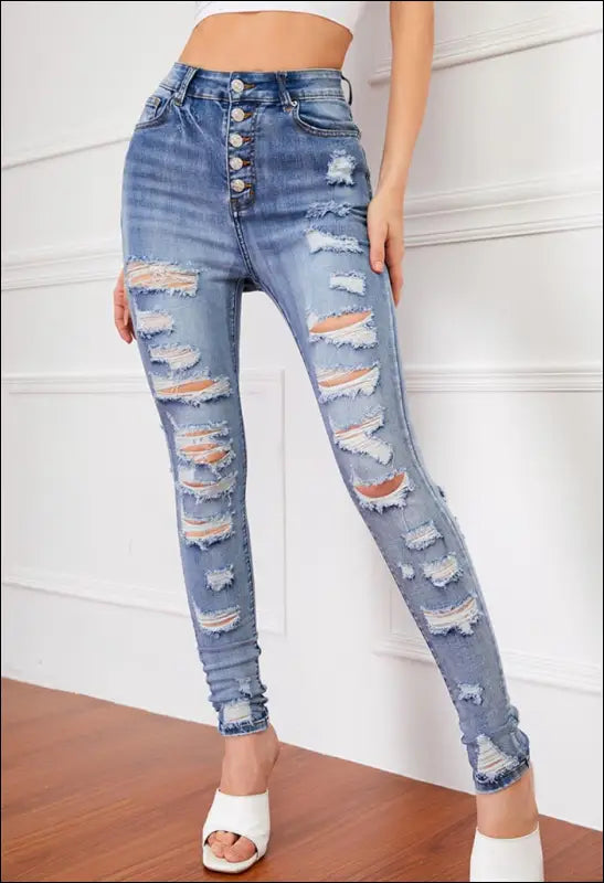 Full Size Button - Fly Distressed Skinny Jeans e22.0 | Emf